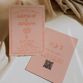 Retro Coral Hand Drawn QR Code Quirky Wedding Kaart