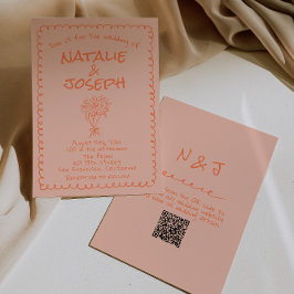 Retro Coral Hand Drawn QR Code Quirky Wedding Kaart
