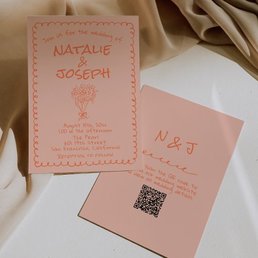 Retro Coral Hand Drawn QR Code Quirky Wedding Kaart