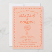 Retro Coral Hand Drawn QR Code Quirky Wedding Kaart (Voorkant)