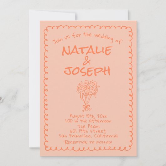 Retro Coral Hand Drawn QR Code Quirky Wedding Kaart (Voorkant)