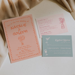Retro Coral Hand Drawn Written Quirky Fun Wedding Kaart