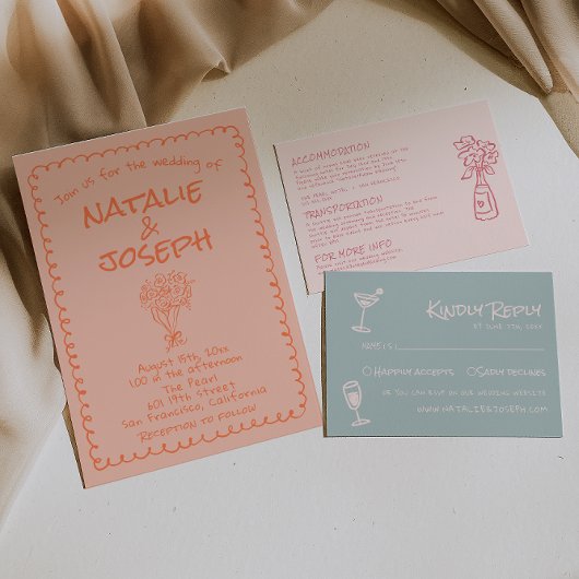 Retro Coral Hand Drawn Written Quirky Fun Wedding Kaart