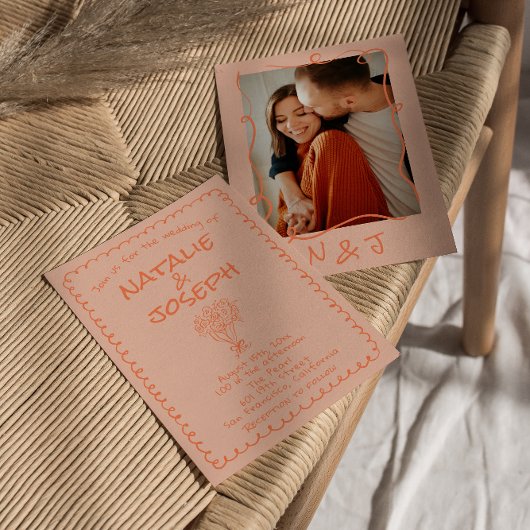 Retro Coral Hand Geschreven Quirky Fotobruiloft Kaart