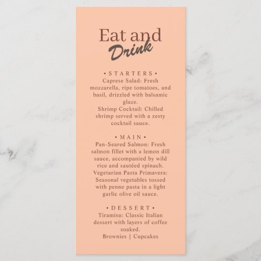 Retro Coral Peach Eat and Drink Wedding Menu (Voorkant)