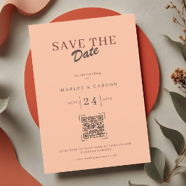 Retro Coral Peach QR Code Save The Date Trouwdag Kaart