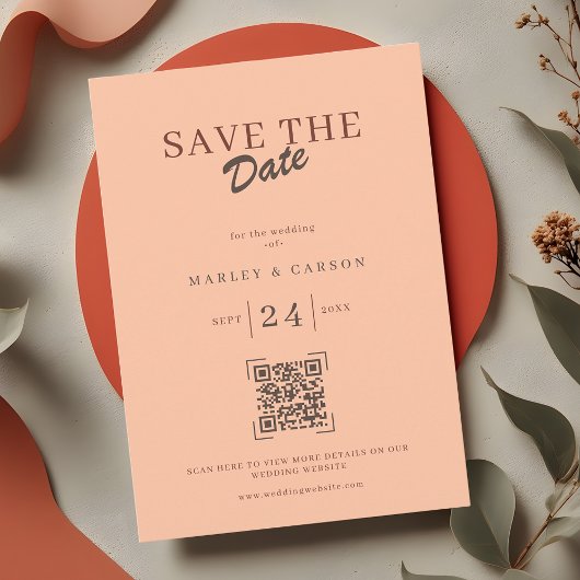 Retro Coral Peach QR Code Save The Date Trouwdag Kaart
