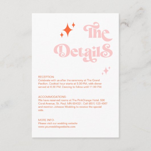 Retro Coral Roze Groovy Script Trouwdetails Informatiekaartje (Voorkant)