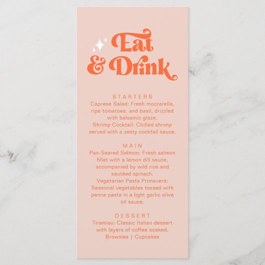 Retro Coral Roze Sinaasappel Eet en Drink bruiloft Menu (Voorkant)