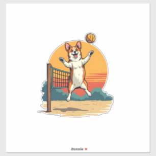 Retro Corgi Volleybal Vintage Zonsondergang Vector Sticker