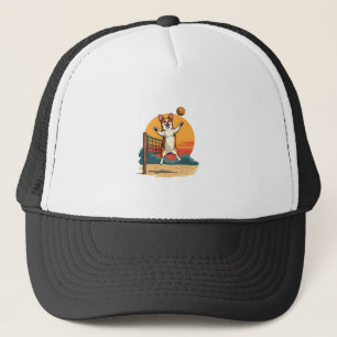 Retro Corgi Volleybal Vintage Zonsondergang Vector Trucker Pet