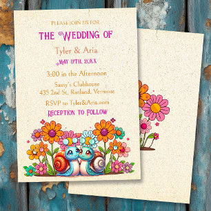 Retro Cottage Core Bloemen en Slakken bruiloft Kaart