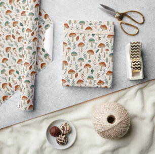 Retro Cottagecore Paddenstoelen en Bladeren Print Cadeaupapier