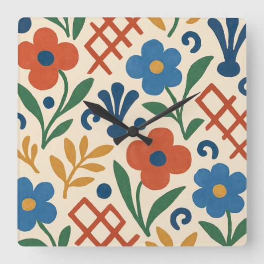 Retro Country Floral Trellis Patroon Vierkante Klok (Voorkant)