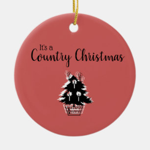 Retro Country Kerstmis Rood en Beige Keramisch Ornament