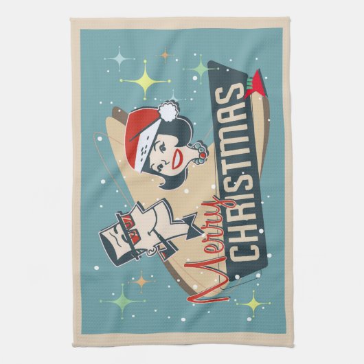 Retro Couple Merry Kerstmis  feestdag Theedoek (Verticaal)