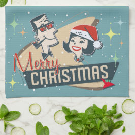 Retro Couple Merry Kerstmis  Holiday Kitch Theedoek