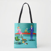 Retro Couple met Dog All-Over Print Canvas tas (Voorkant)