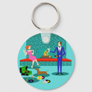 Retro Couple met Dog Button Sleutelhanger