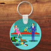 Retro Couple met Dog Button Sleutelhanger (Voorkant)