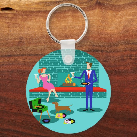 Retro Couple met Dog Button Sleutelhanger (Voorkant)