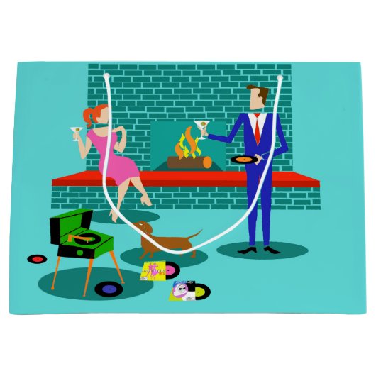 Retro Couple met Dog Gift Bag Groot Cadeauzakje (Voorkant)