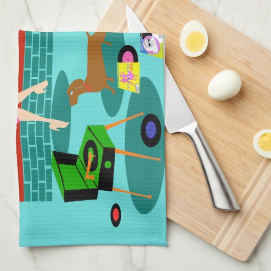 Retro Couple met Dog Kitchen Towel Theedoek (Quarter Fold)