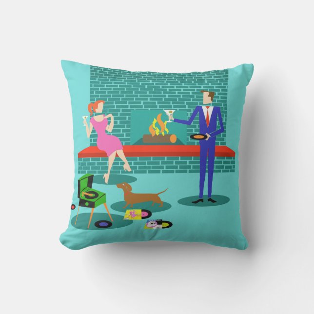 Retro Couple met Dog Outdoor Pillow Buitenkussen (Voorkant)