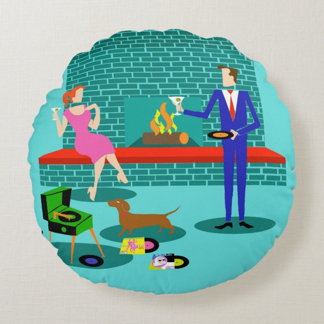 Retro Couple met Dog Round Pillow Rond Kussen (Voorkant)