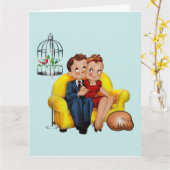 RETRO COUPLE MET KAARTEN VAN kattenHAPPY-JUBILEUM (Gele Bloem)