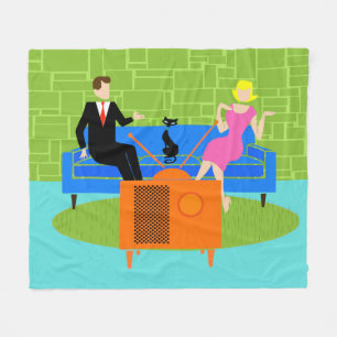 Retro Couple met kat Fleece Blanket Deken