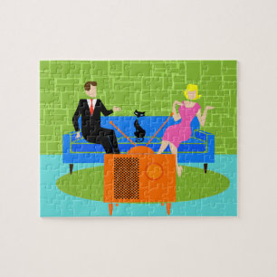 Retro Couple met kat Puzzle Legpuzzel