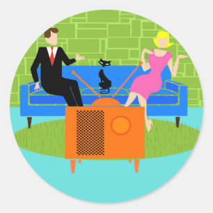 Retro Couple met kat-stickers Ronde Sticker