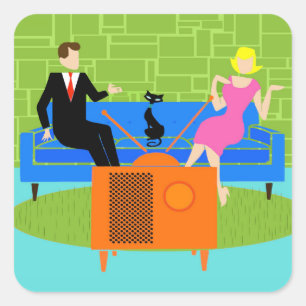 Retro Couple met kat-stickers Vierkante Sticker