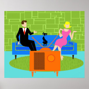 Retro Couple met kattenPoster Poster