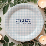 Retro Cowboy Blue Gingham Boy Baby shower Borden Papieren Bordje<br><div class="desc">Voeg een vleugje  charme toe aan je baby shower met onze Retro Cowboy Blue Gingham Borden. Perfect ontworpen om de komst van je kleintje te vieren,  combineren deze borden nostalgisch Western lettertype met een zacht blauw ginghampatroon,  waardoor ze een heerlijke aanvulling zijn op elk baby shower thema.</div>