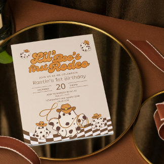 Retro Cowboy Halloween Eerste Rodeo Verjaardag Kaart