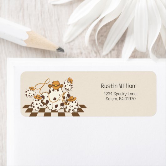 Retro Cowboy Halloween geruit patroon Groovy Etiket (Insitu)