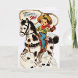Retro Cowboy Happy Birthday Son Kaart<br><div class="desc">Deze leuke verjaardagskaart toont een illustratie van een jonge cowboy die op zijn paard rijdt met de woorden "Happy Birthday Son" in zijn lasso. Het gevoel in de kaart luidt: "Als je je kaarsen uitblaast, hoop ik dat al je wensen uitkomen. Gelukkige verjaardag!" Aanpassen door jouw namen toe te voegen...</div>