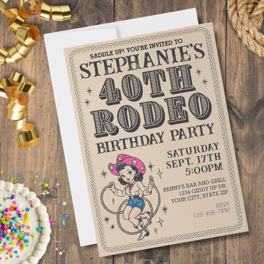  Retro Cowgirl 40ste verjaardagsfeestje Kaart