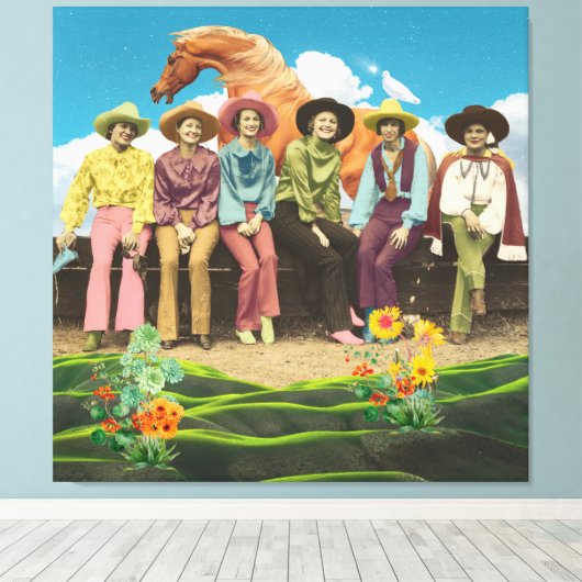 Retro Cowgirl Horse Surreal Collage Canvas Afdruk (Insitu (Houten vloer))