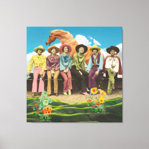 Retro Cowgirl Horse Surreal Collage Canvas Afdruk