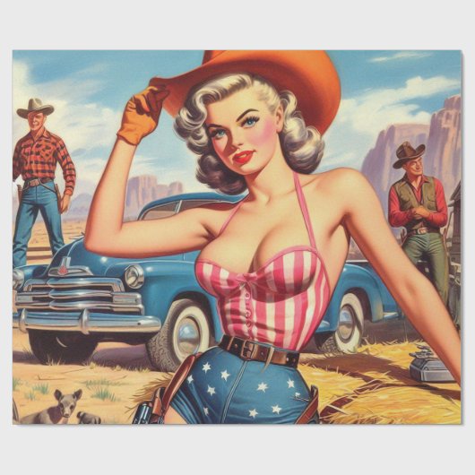 Retro Cowgirl Pin Up Cadeaupapier (Vlak)