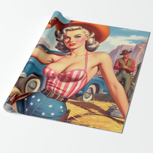 Retro Cowgirl Pin Up Cadeaupapier (Uitgerold)