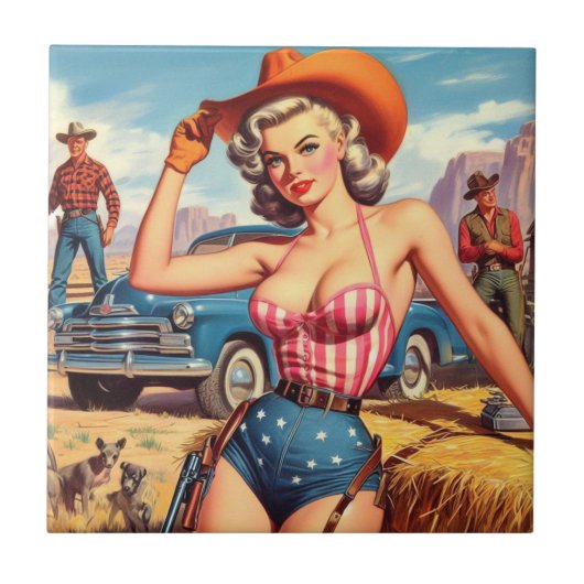 Retro Cowgirl Pin Up Tegeltje (Voorkant)