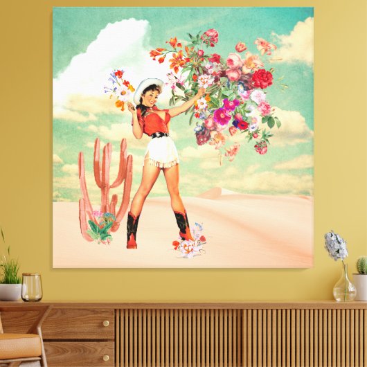 Retro Cowgirl Pinup Bouquet Desert Surreal Collage Canvas Afdruk (Insitu (Woonkamer))