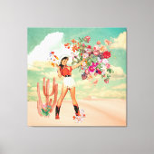 Retro Cowgirl Pinup Bouquet Desert Surreal Collage Canvas Afdruk (Voorkant)