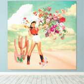 Retro Cowgirl Pinup Bouquet Desert Surreal Collage Canvas Afdruk (Insitu (Houten vloer))