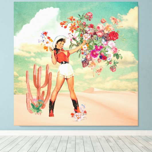 Retro Cowgirl Pinup Bouquet Desert Surreal Collage Canvas Afdruk (Insitu (Houten vloer))