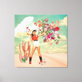 Retro Cowgirl Pinup Bouquet Desert Surreal Collage Canvas Afdruk
